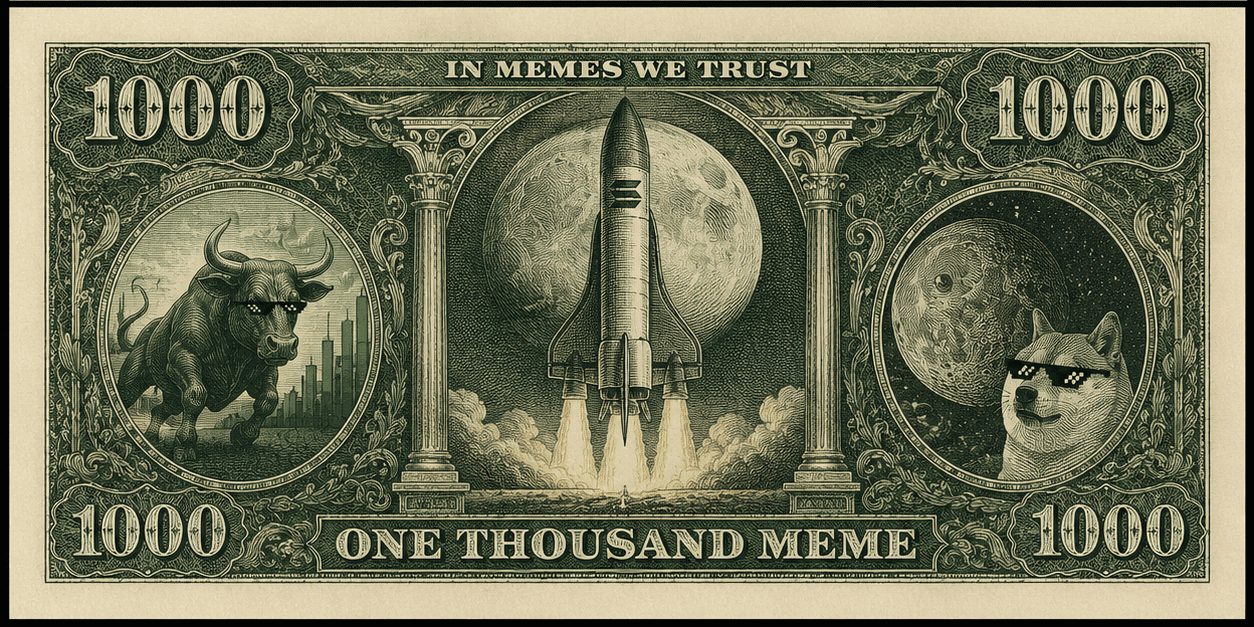 Reverse side of the Meme Reserve Note, depicting a bull, a departing rocket, and a Doge medallion beneath the words IN MEMES WE TRUST