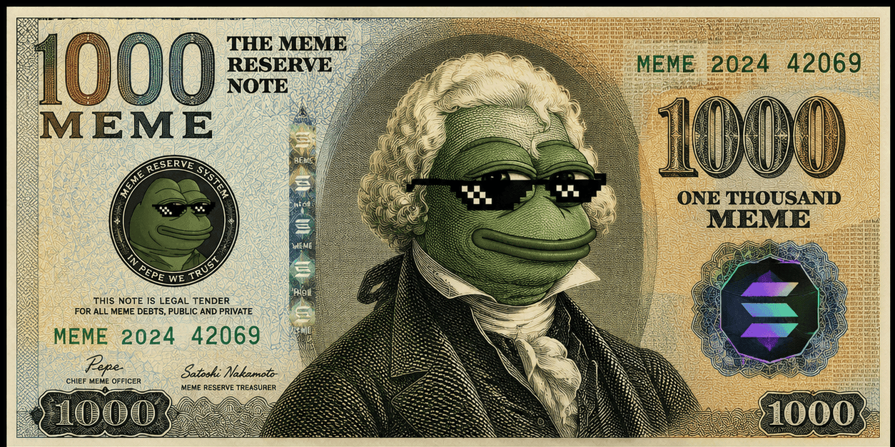 The Meme Reserve Note: a satirical 1000 MEME banknote issued by the Meme Reserve System, featuring Pepe as Chief Meme Officer